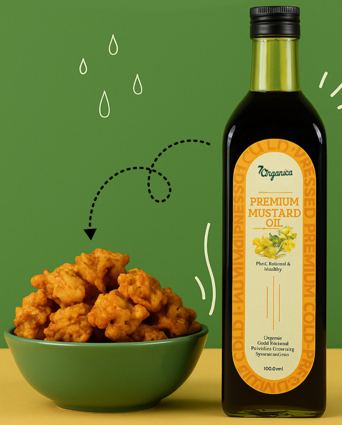 Bottle of organic premium mustard oil next to a bowl of fried food on a green background