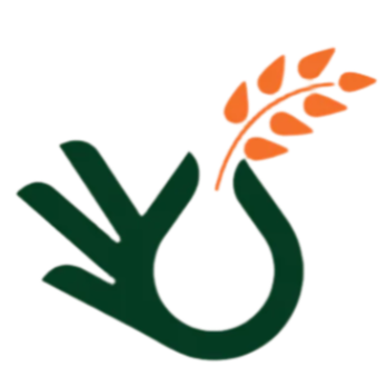 Logo with a green hand holding an orange leaf on a beige background
